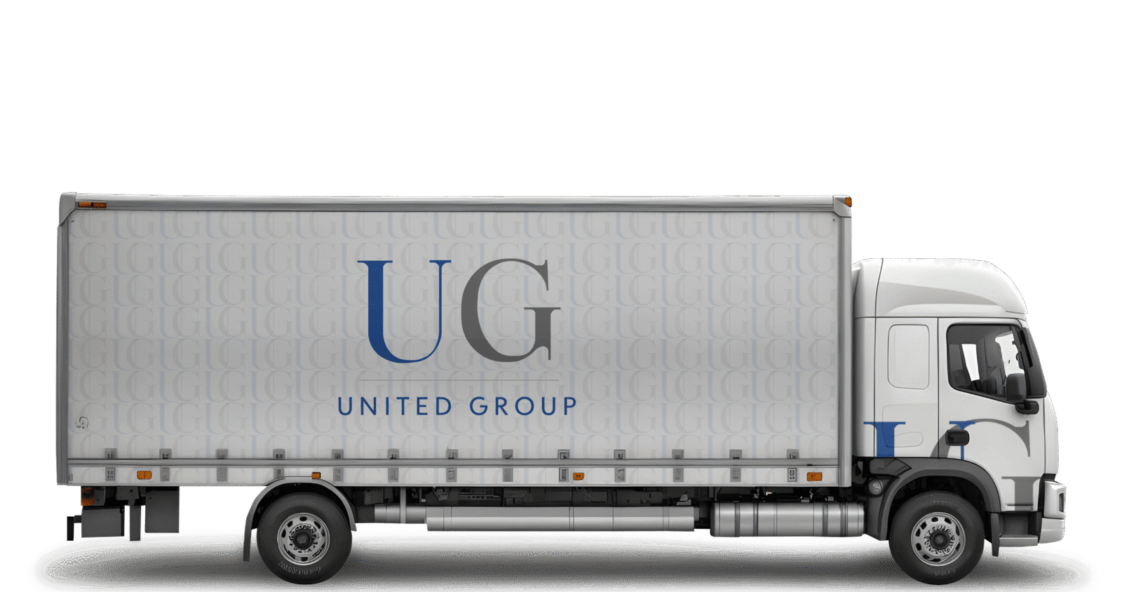 Umzugswagen der Marke United Group, isoliert auf transparentem Hintergrund.